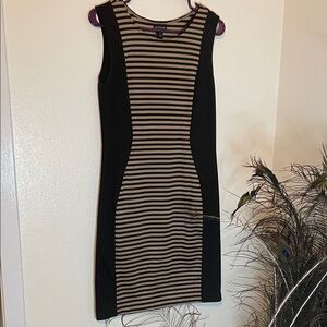 Enfocus Studio Black and Tan Striped stretch Mini Dress